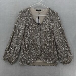 Cable & Gauge Sequin Top Womens Small Gold Twist Front Blouse Party Bling NWT